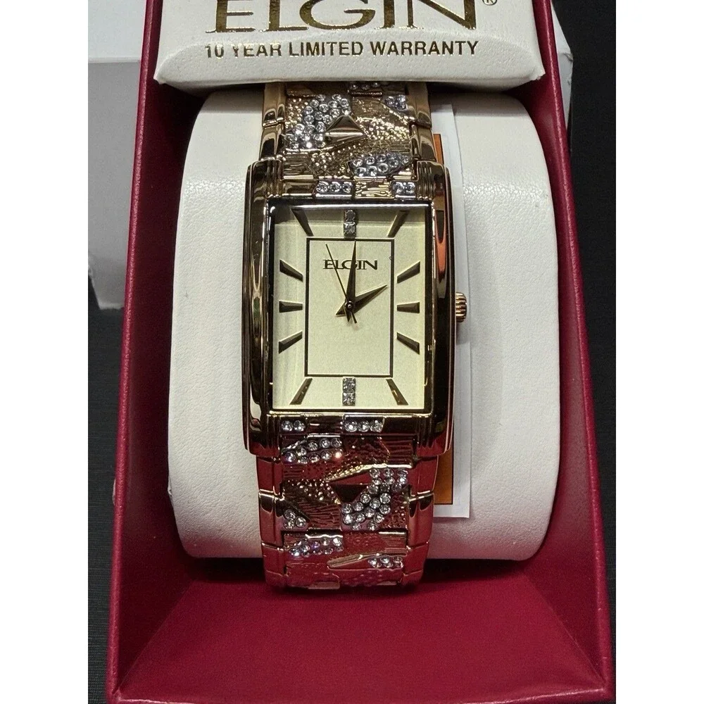 Elgin Men's Gold Tone Rectangular Watch Crystal Accent Textured Bracelet NIB
